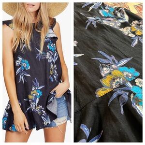 NWOT Free People black tank tunic ruffle linen blouse floral tie back XS